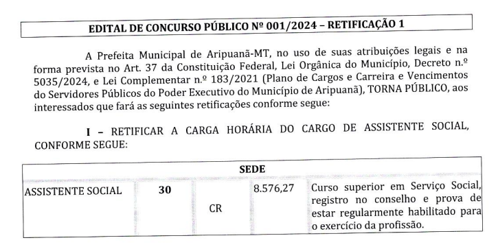 Edital com retificação do cargo de assistente social que estava com 40 horas.