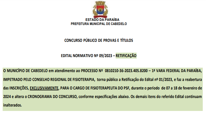 Concurso da prefeitura de cabedelo para fisioterapeuta